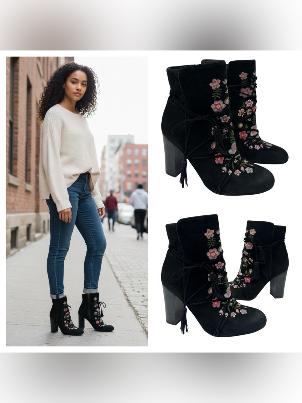 Sam Edelman Winnie Black Floral Embroidered Suede Bootie Boot Size 8 M Booties